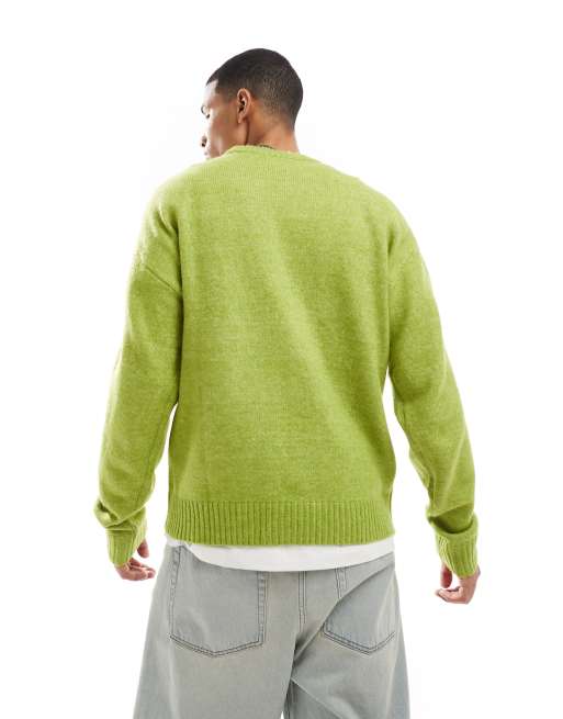 Jack & Jones oversized fluffy crew neck jumper in lime green, 3 of 4