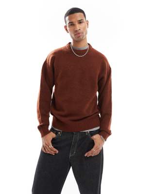 JACK & JONES OVERSIZED FLUFFY CREW NECK SWEATER IN RUST-ORANGE