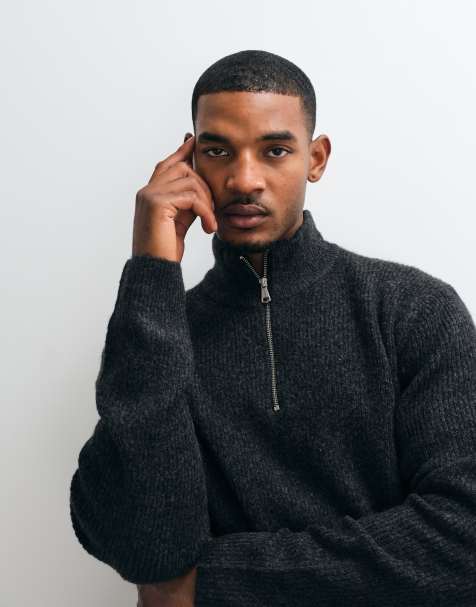 Jack & Jones oversized fluffy half zip striktrøje i sort kul - view 1