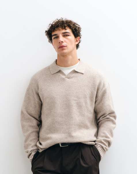 Jack & Jones oversized fluffy polo jumper in beige