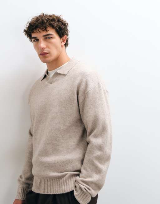 Jack & Jones oversized fluffy polo sweater in beige, 3 of 5