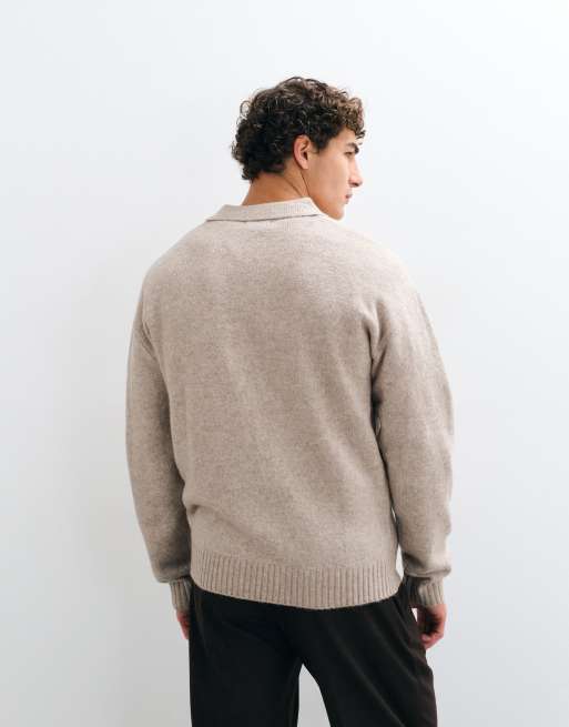 Jack & Jones oversized fluffy polo sweater in beige, 5 of 5