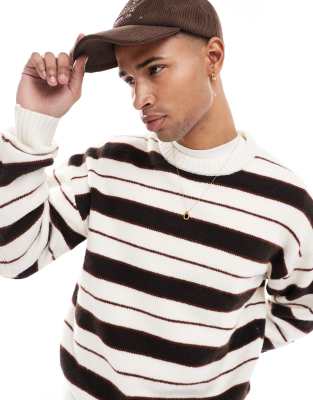 oversized fluffy striped crew neck sweater in beige-Neutral