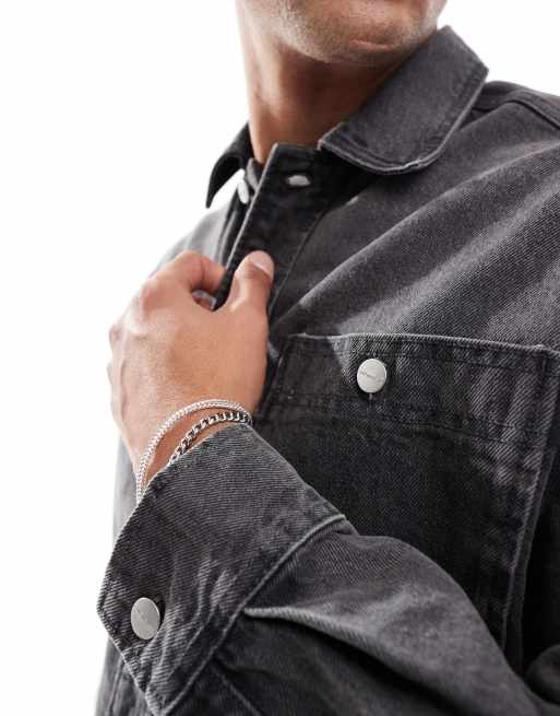 Jack & Jones oversized heavy denim overshirt in washed black, 4 of 4