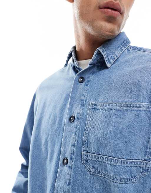 Jack & Jones oversized heavy denim shirt in vintage washed blue , 3 of 4