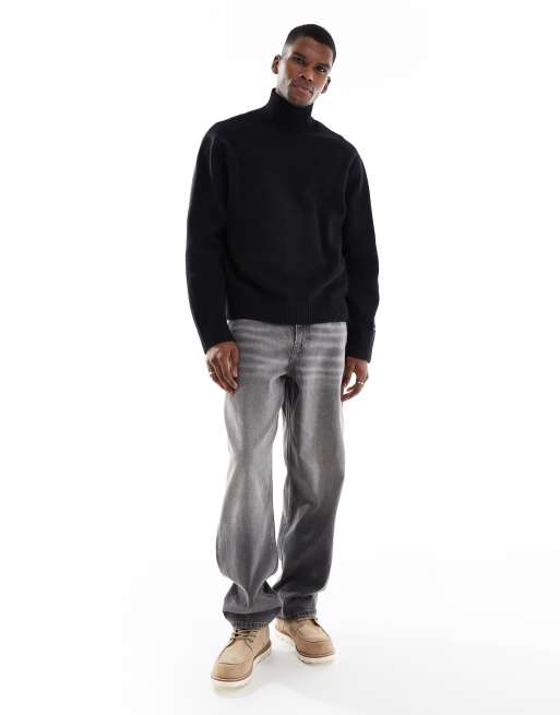 Jack & Jones oversized heavyweight turtle neck jumper in black, 2 of 5