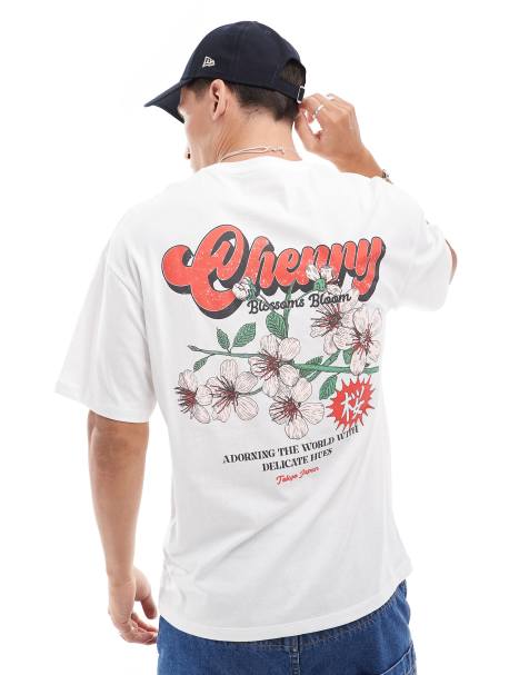 Jack & Jones - Oversized hvid T-shirt med kirsebærblomst-print på ryggen - view 1