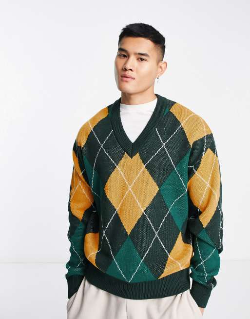 Jack & Jones oversized jacquard argyll v neck jumper in green & beige