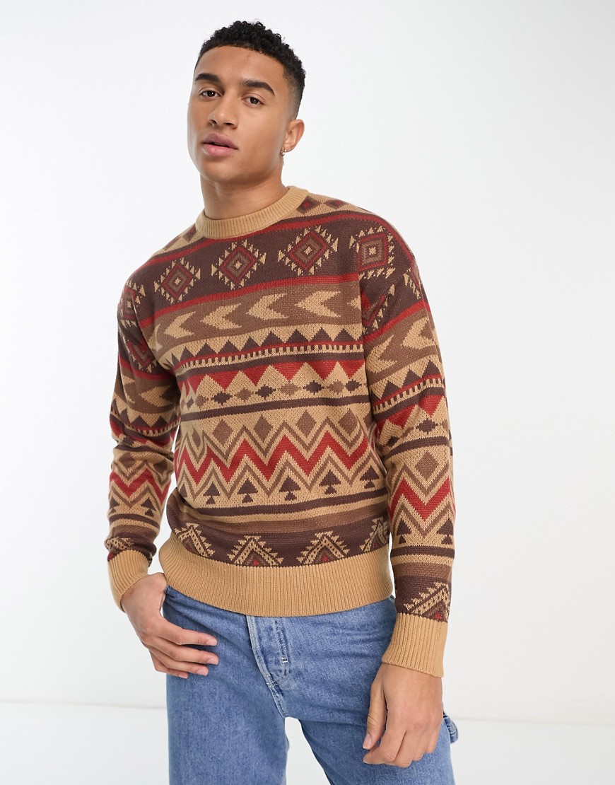 Jack & Jones oversized jacquard aztec stripe sweater in brown