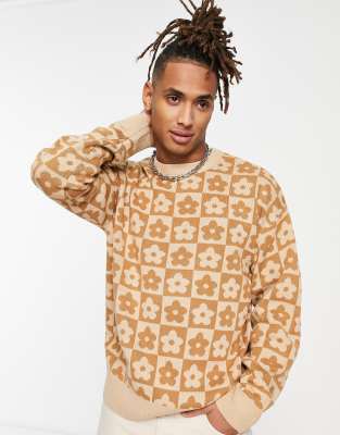 oversized jacquard floral checkerboard sweater in beige-Neutral