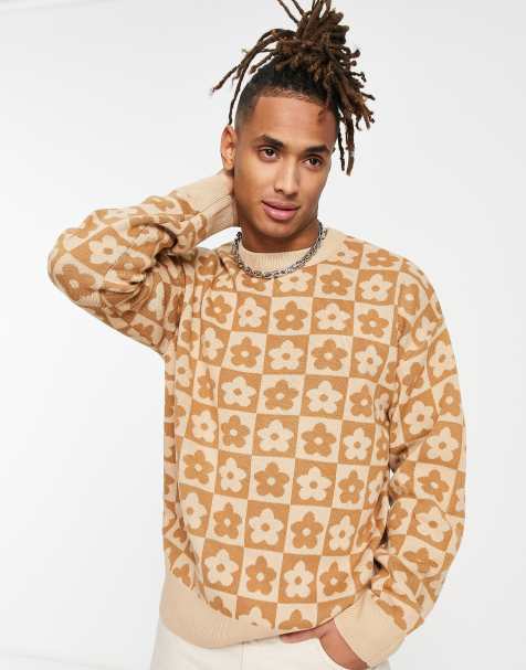 Jack & Jones oversized jacquard floral checkerboard sweater in beige - view 1
