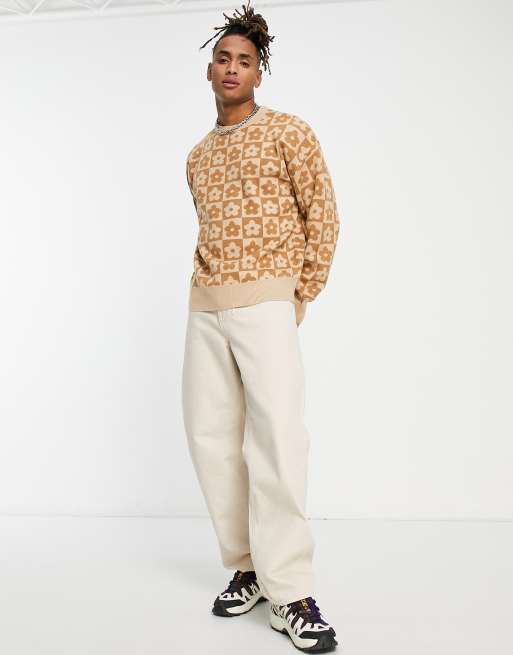 Jack & Jones oversized jacquard floral checkerboard sweater in beige  