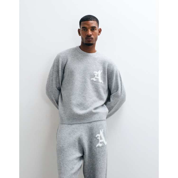 Jack & Jones oversized jacquard logo knit jumper in grey | ASOS