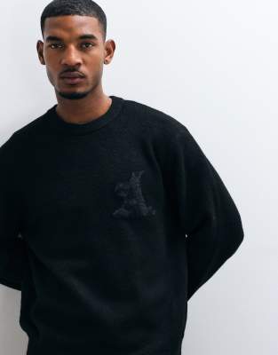 Jack & Jones oversized jacquard logo knit sweater in black | ASOS