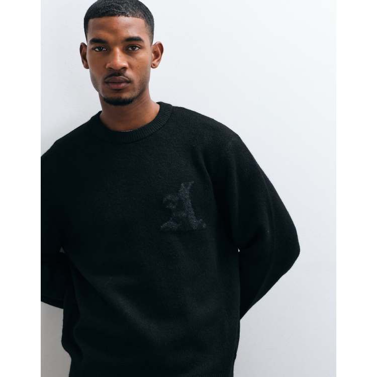 Jack & Jones oversized jacquard logo knit sweater in black | ASOS