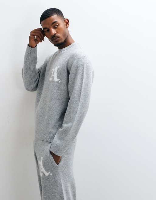 Jack & Jones oversized jacquard-logo striktrøje i grå, 4 af 5