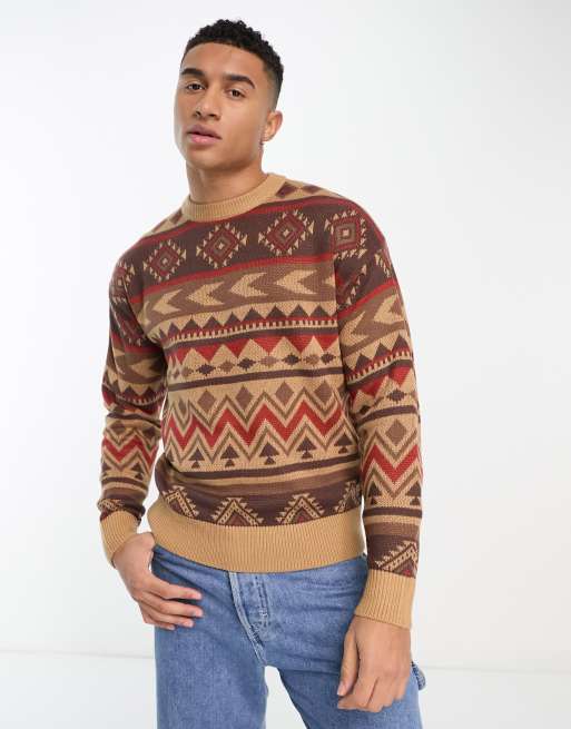 Jack & Jones oversized jacquard pattern stripe jumper in brown | ASOS