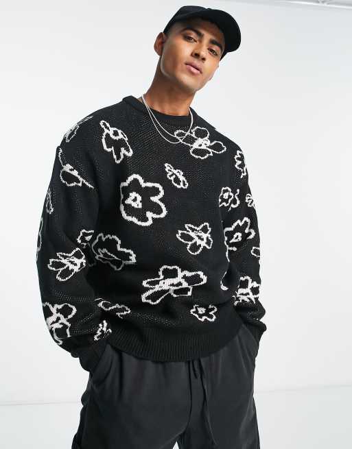 Jack & Jones oversized jacquard sketch flower sweater in black