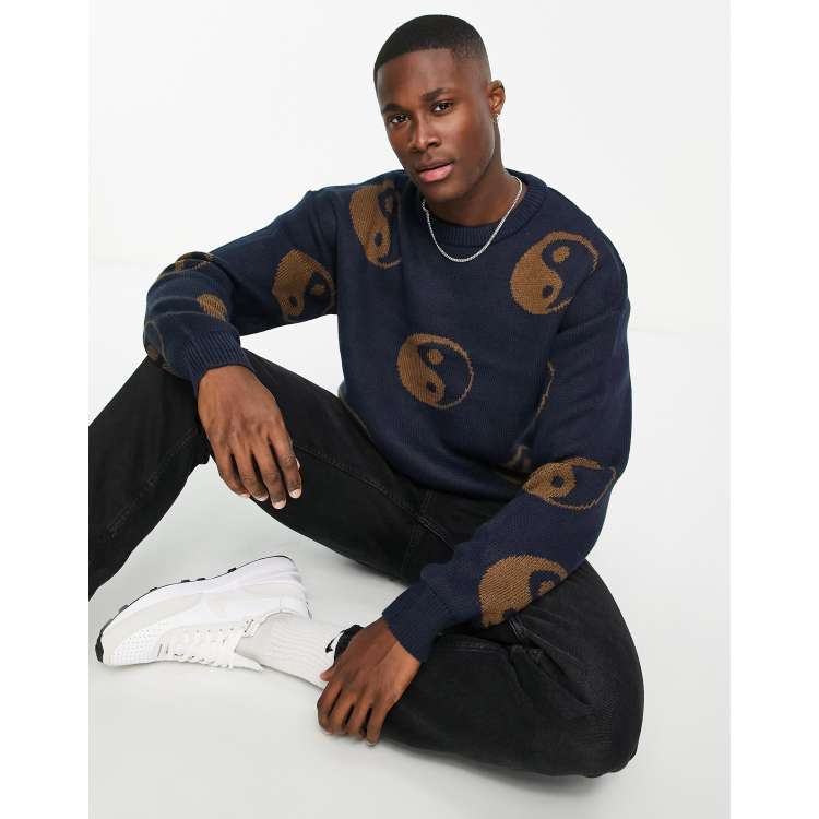 Yin Year YYJD 1-21 SG 美品 Jack & Jones oversized jacquard yin yang sweater in navy & brown
