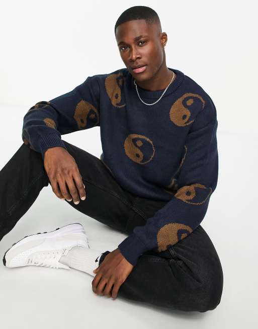 Jack & Jones oversized jacquard yin yang sweater in navy & brown