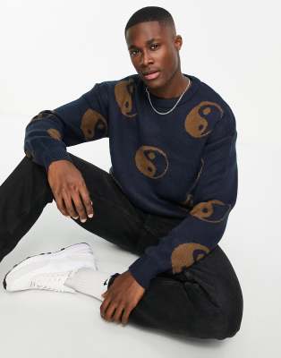 Jack & Jones oversized jacquard ying yang jumper in brown