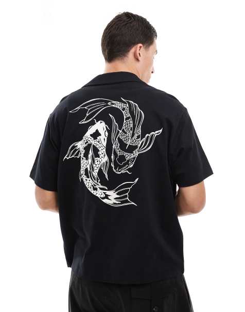 Jack & Jones oversized jersey shirt with carp back print in black - view 1