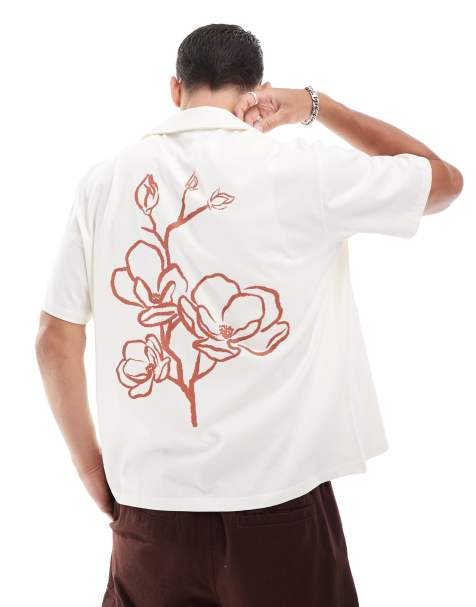 Jack & Jones oversized jersey shirt with flower placement print in ecru - view 1