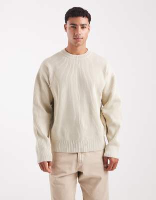 Jack & Jones Oversized Knit Ribbed Sweater In Neutral
