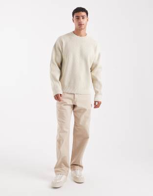 Jack & Jones Oversized Knit Ribbed Sweater In Neutral