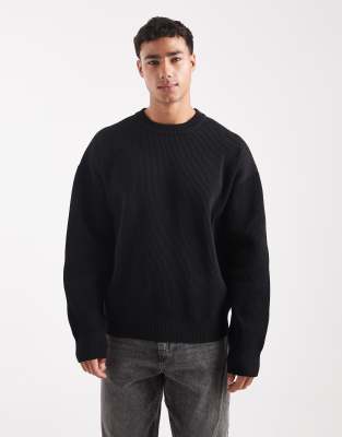 Jack & Jones Oversized Knit Ribbed Sweater In Black