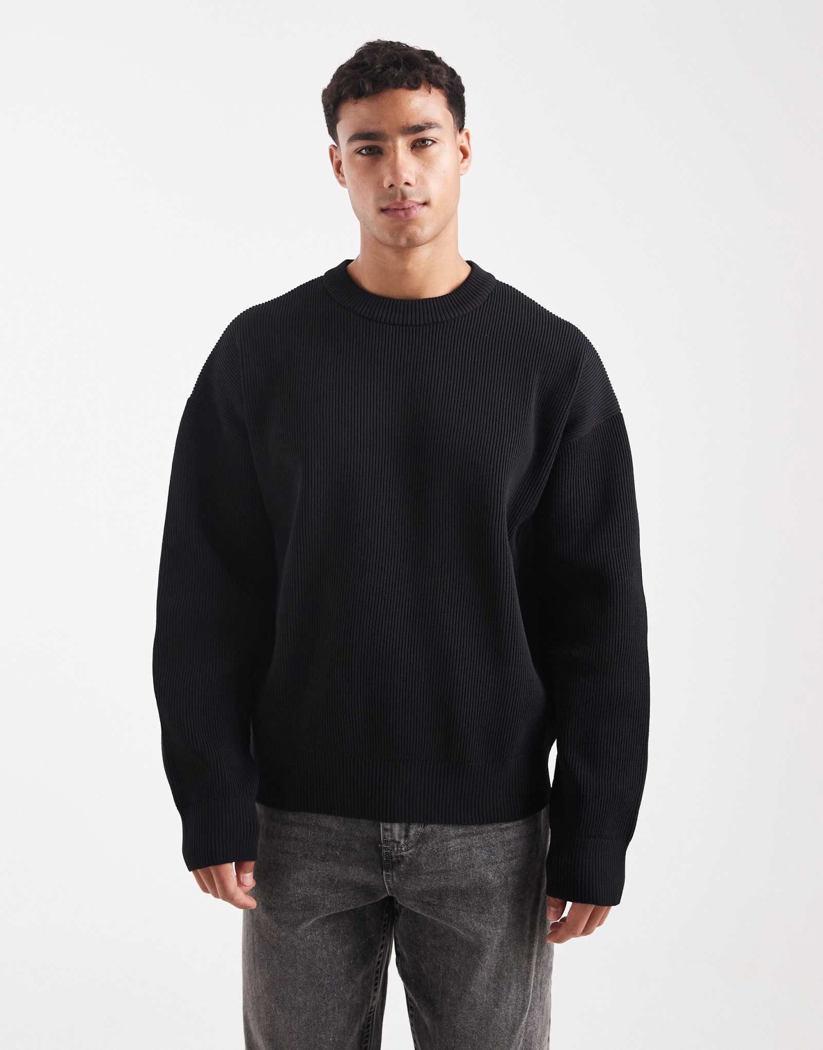 Черный свитер в рубчик из объемной вязки Jack &Jones черного цвета