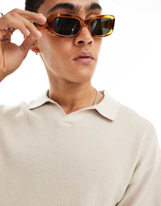Jack Jones oversized linen mix revere collar knitted polo in beige ASOS