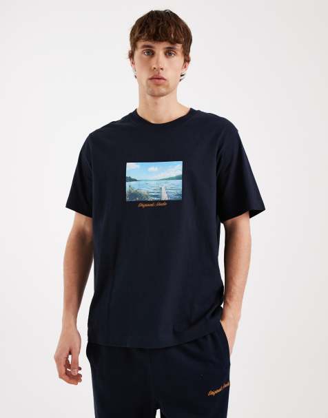 Jack & Jones - Oversized marineblå T-shirt med landskabsprint foran - view 1