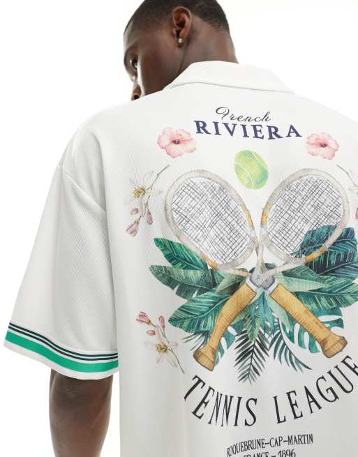 Jack & Jones oversized mesh riviera back printed shirt in white (part of a set) 