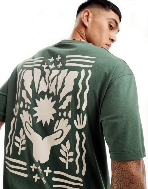  Jack & Jones oversized natures balance back print t-shirt in dark green