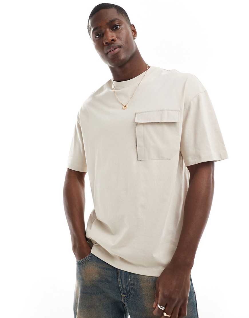 Jack & Jones oversized nylon pocket t-shirt in beige-Neutral