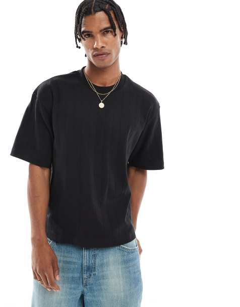 Jack & Jones - Oversized og cropped sort T-shirt i ribstrik - view 1