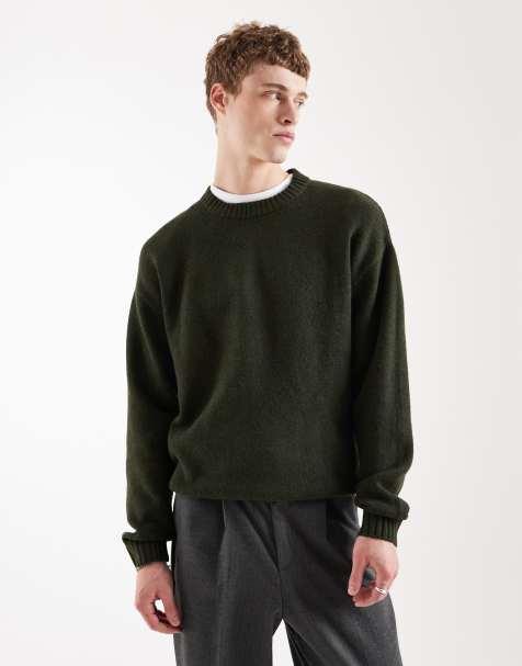 Jack & Jones - Oversized og plysset kakifarvet striktrøje med rund hals - view 1