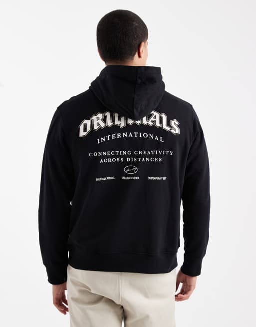 Jack & Jones - Oversized og sort hættetrøje med 'Originals'-print på ryggen