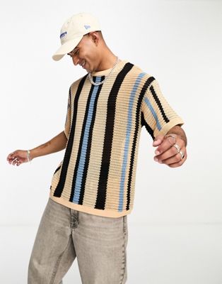 Jack & Jones oversized open knit t-shirt in sand with stripe