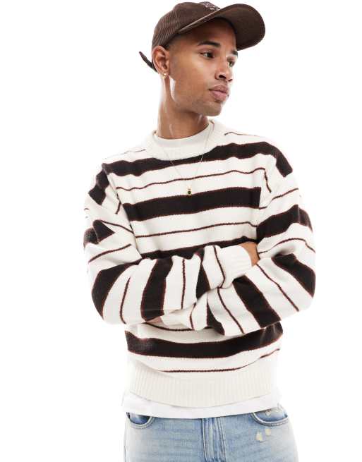 Jack & Jones - Oversized pluizige gestreepte trui met ronde hals in beige, 2 van 4