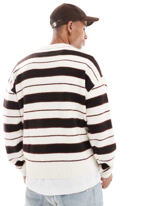 Jack & Jones - Oversized pluizige gestreepte trui met ronde hals in beige, 4 van 4