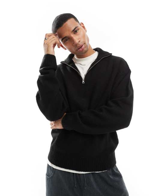 Jack & Jones - Oversized pluizige trui met halve rits in zwart