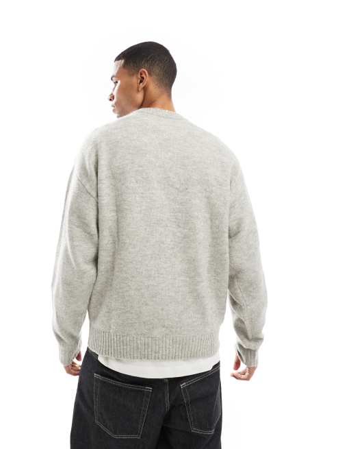 Jack & Jones - Oversized pluizige trui met ronde hals in gemêleerd lichtgrijs , 4 van 4