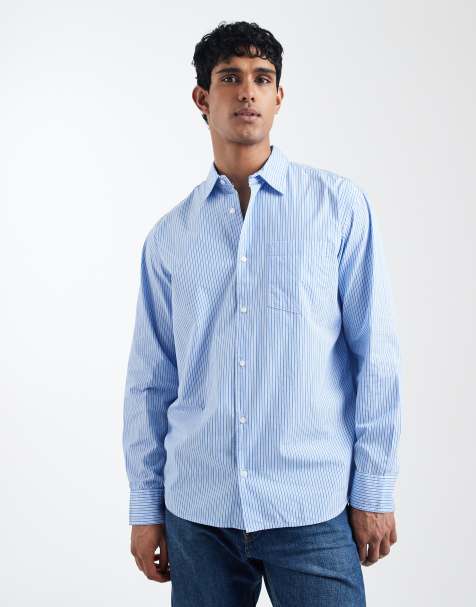 Jack & Jones oversized poplin long sleeve shirt in blue stripe - view 1