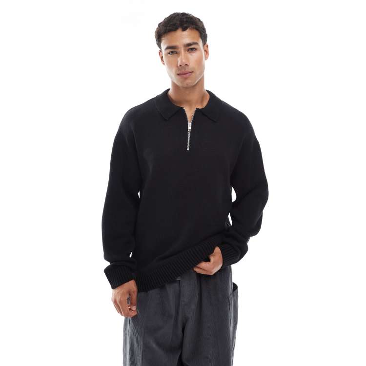 Jack & Jones oversized quarter zip knit polo shirt in black
