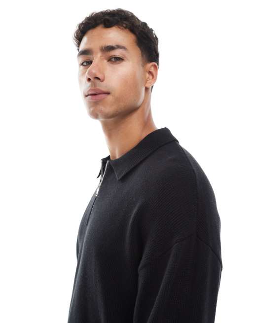 Jack & Jones oversized quarter zip knit polo shirt in black