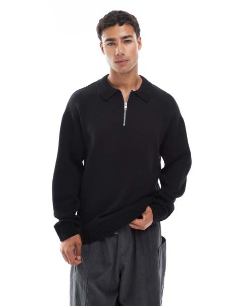Jack & Jones oversized quarter zip knitted polo in black - view 1