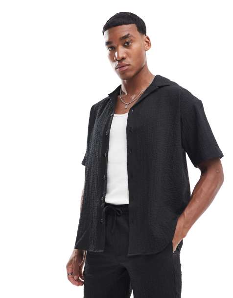 Jack & Jones oversized revere collar crinkle shirt in black (part of a set) - view 1