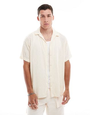 oversized revere collar jacquard shirt in ecru-White